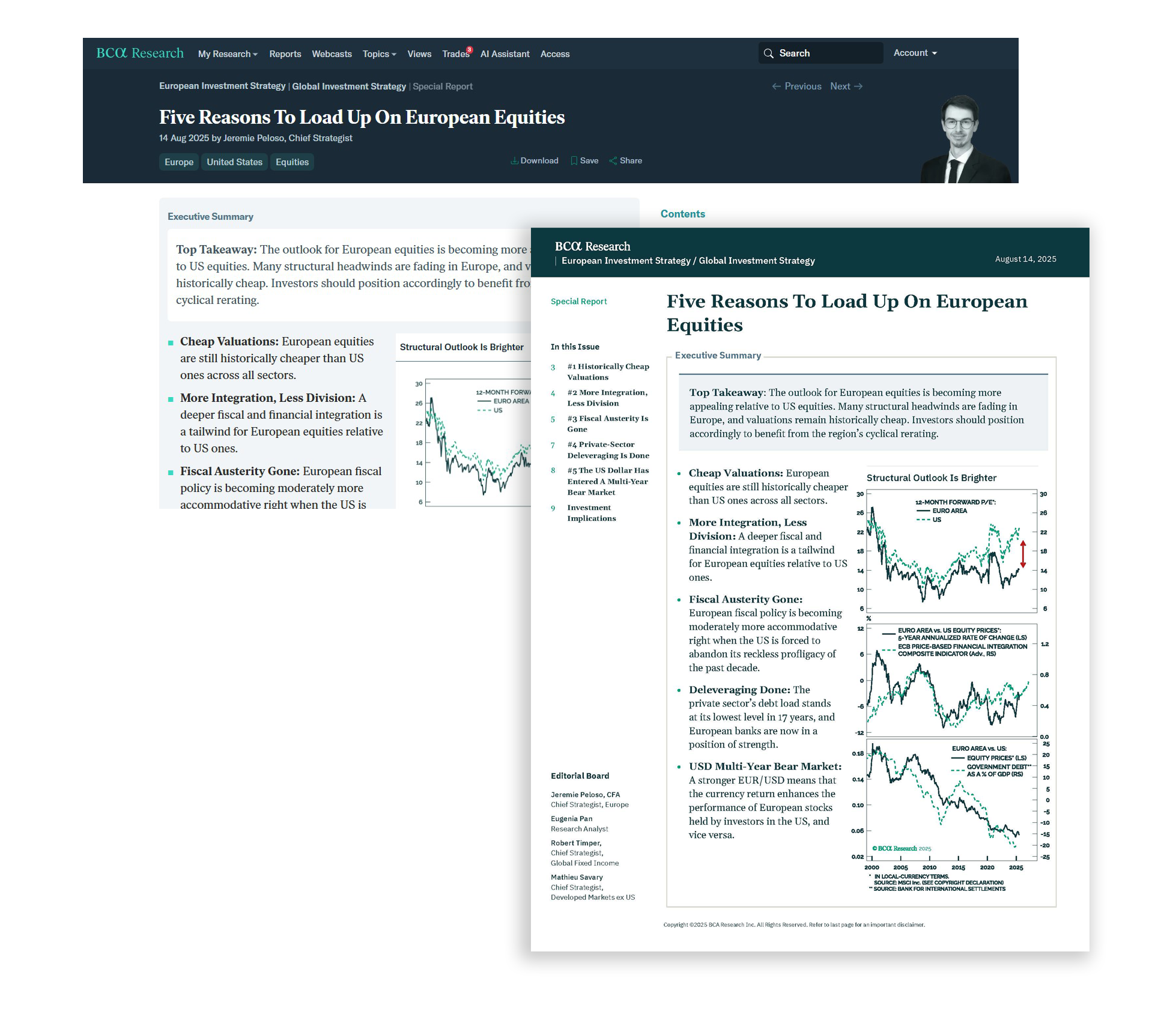 The BCA Research European Investment Strategy interface displaying dashboards, charts, and analyst tools.