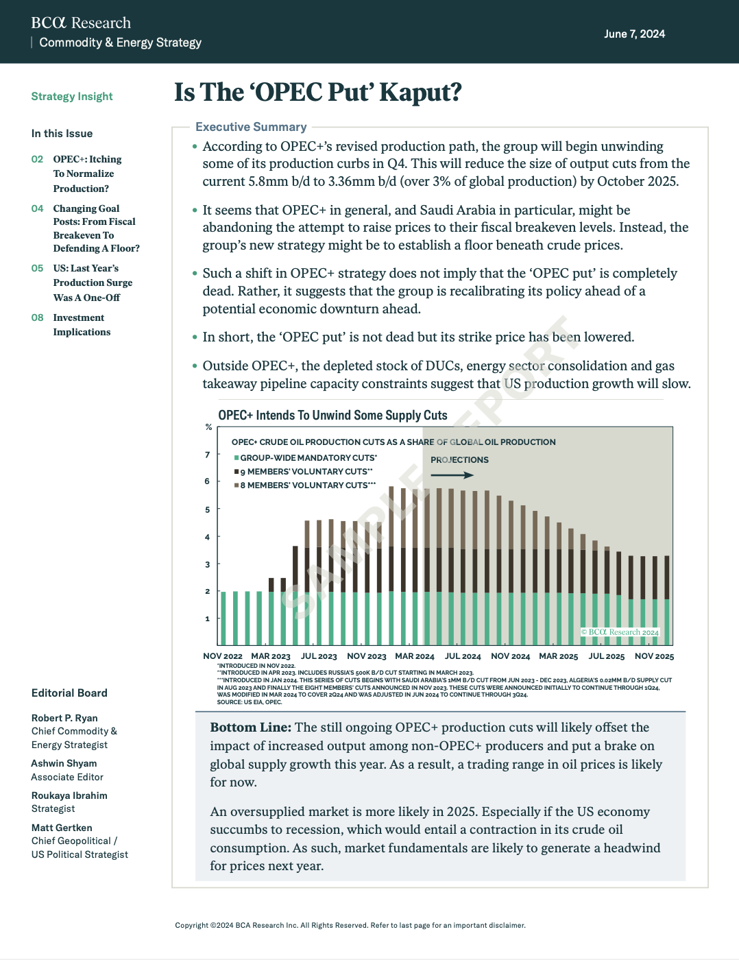 BCA report “OPEC Put Kaput,” with a chart on global oil supply and demand, showing OPEC’s reduced influence on prices.