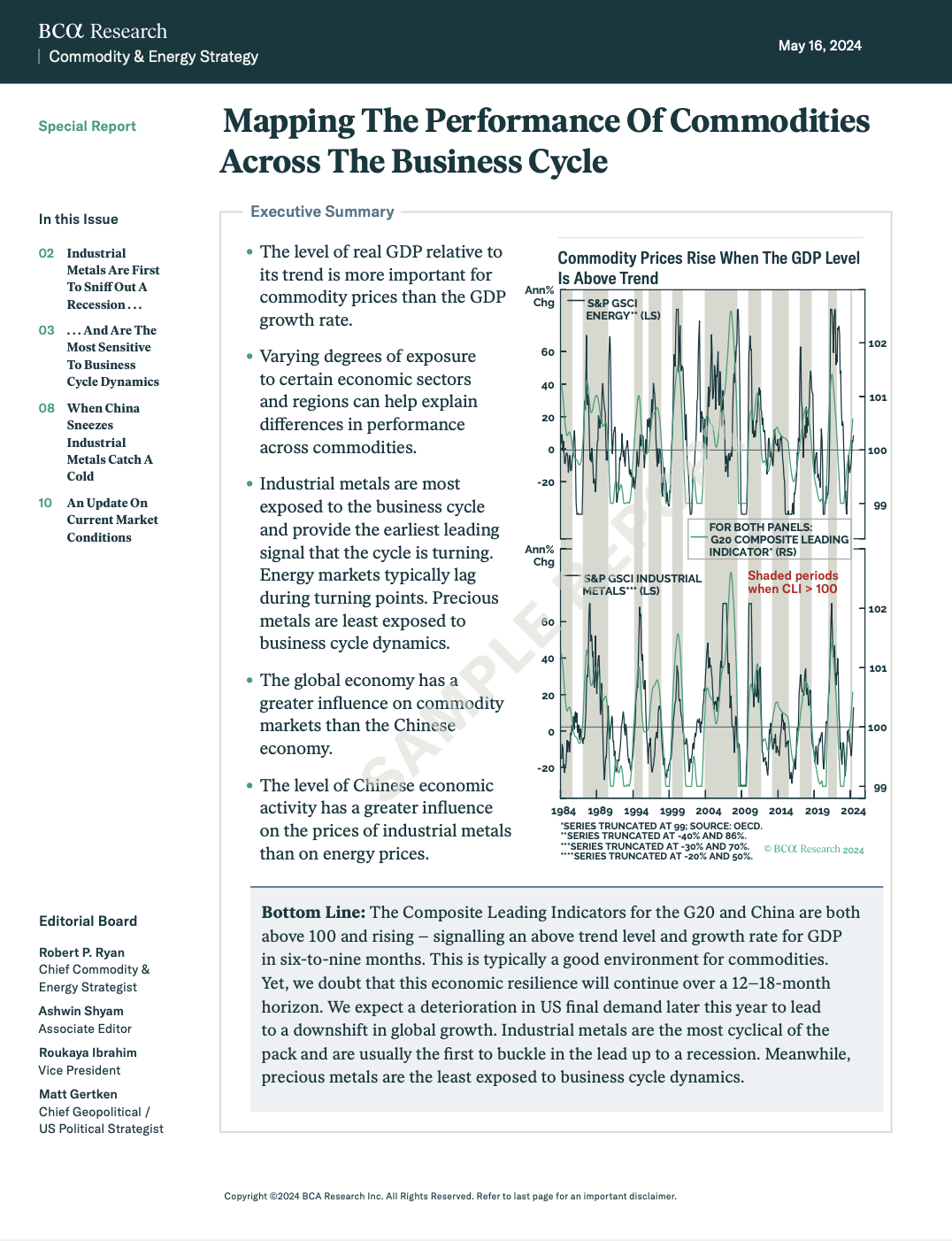 Sample report image showing commodity sector performance mapped against different phases of the business cycle.