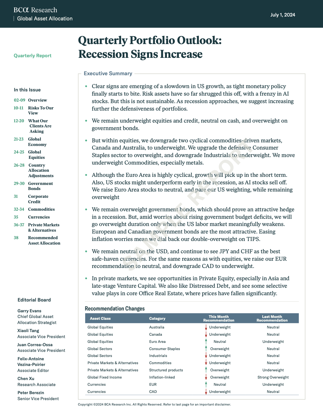 Sample report image showing BCA’s portfolio strategy update highlighting increasing recession risks across asset classes.