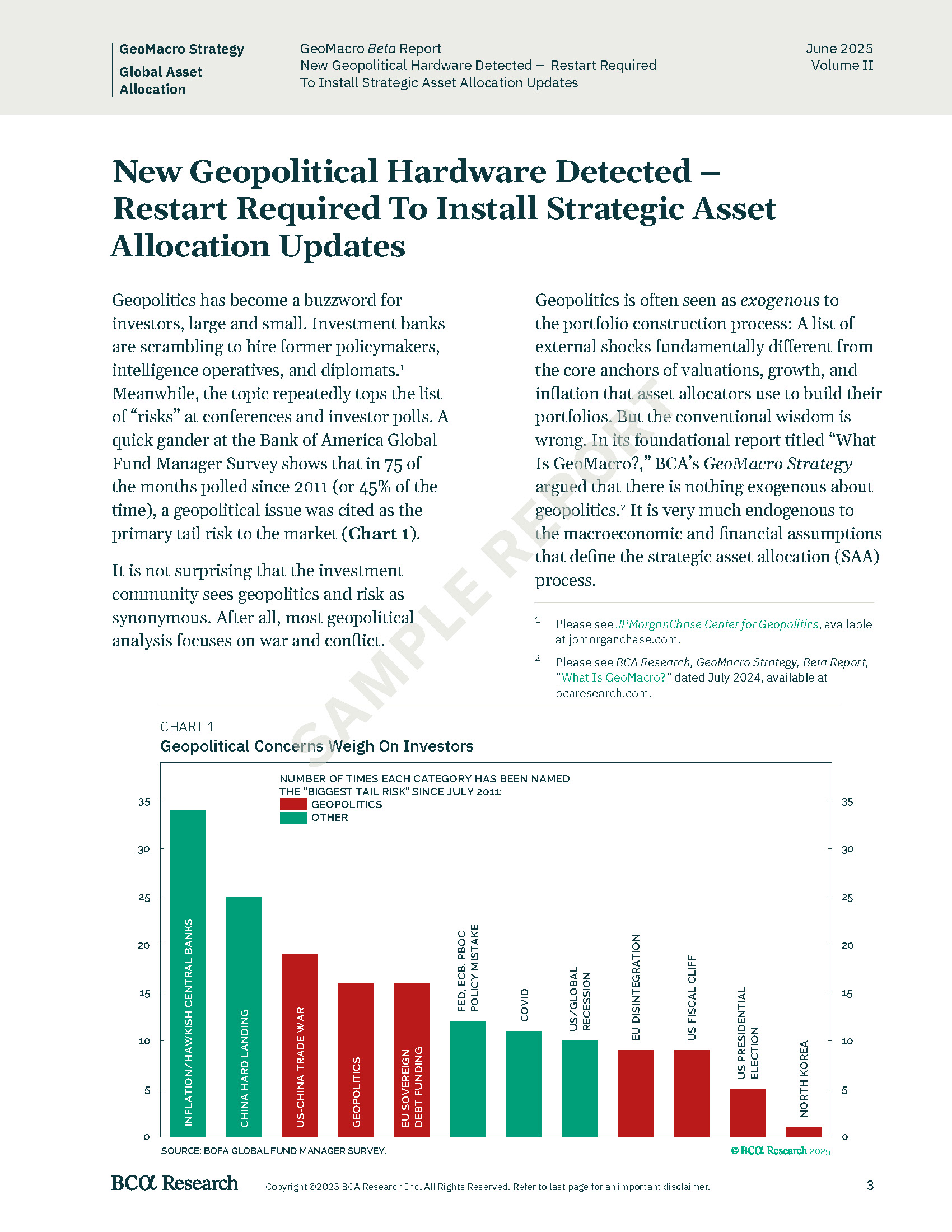 Sample BCA Research report page with charts and commentary on trade, inflation, and geopolitical market risks.
