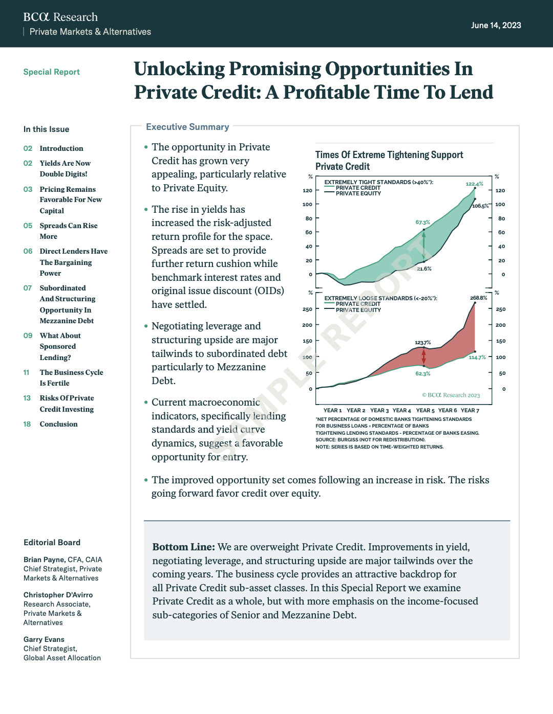 BCA report “Unlocking Opportunities in Private Credit,” with yield spread insights and a return comparison chart.