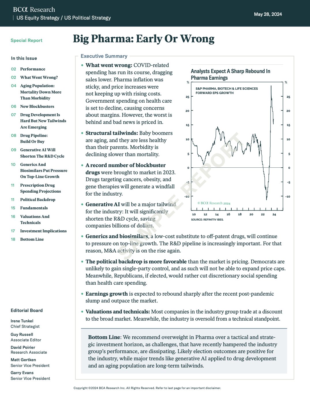 BCA report "Big Pharma: Early Or Wrong," covering Pharma tactical and strategic horizon.