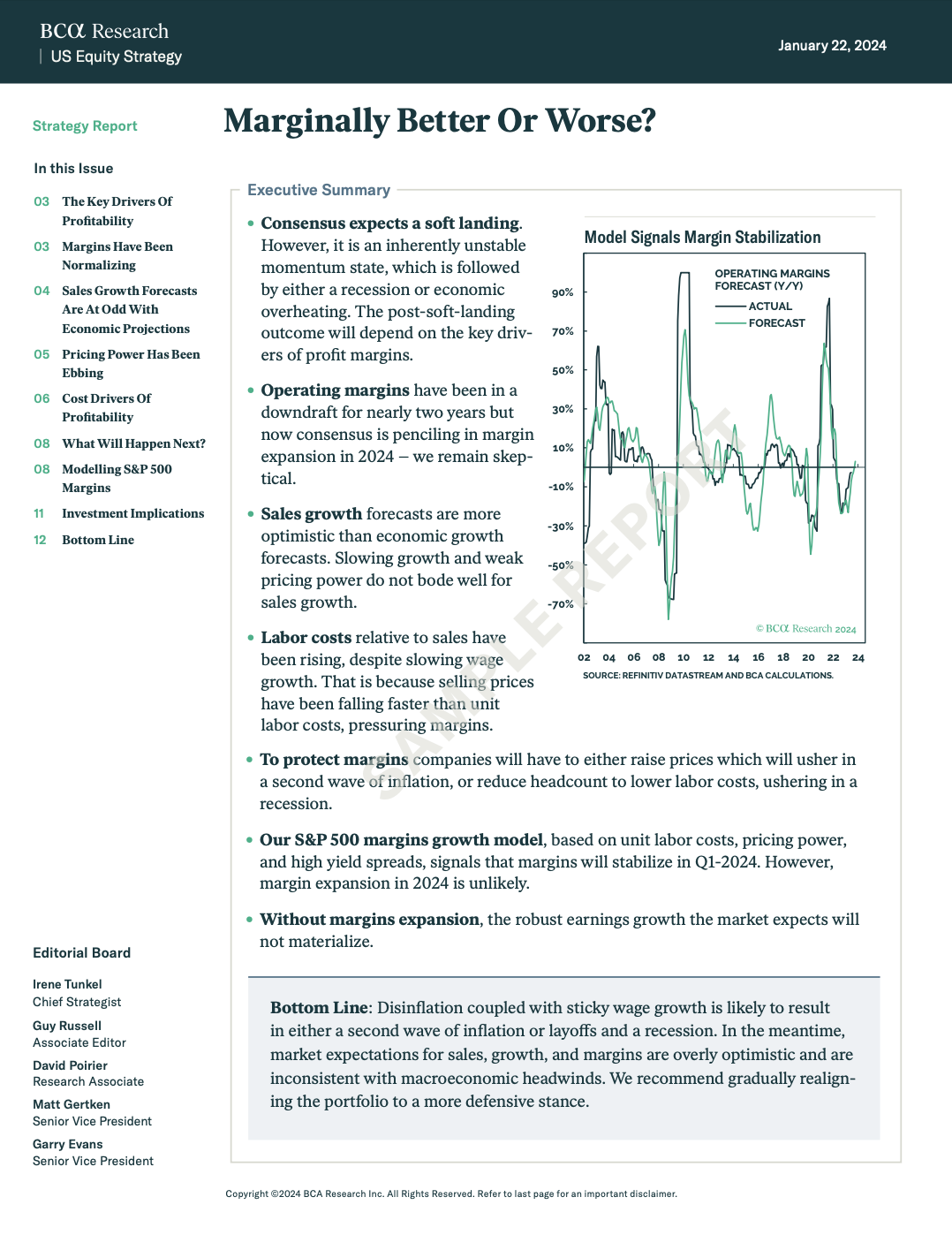BCA report “Marginally Better Or Worse?” with a chart assessing macro and market signals for US equities.