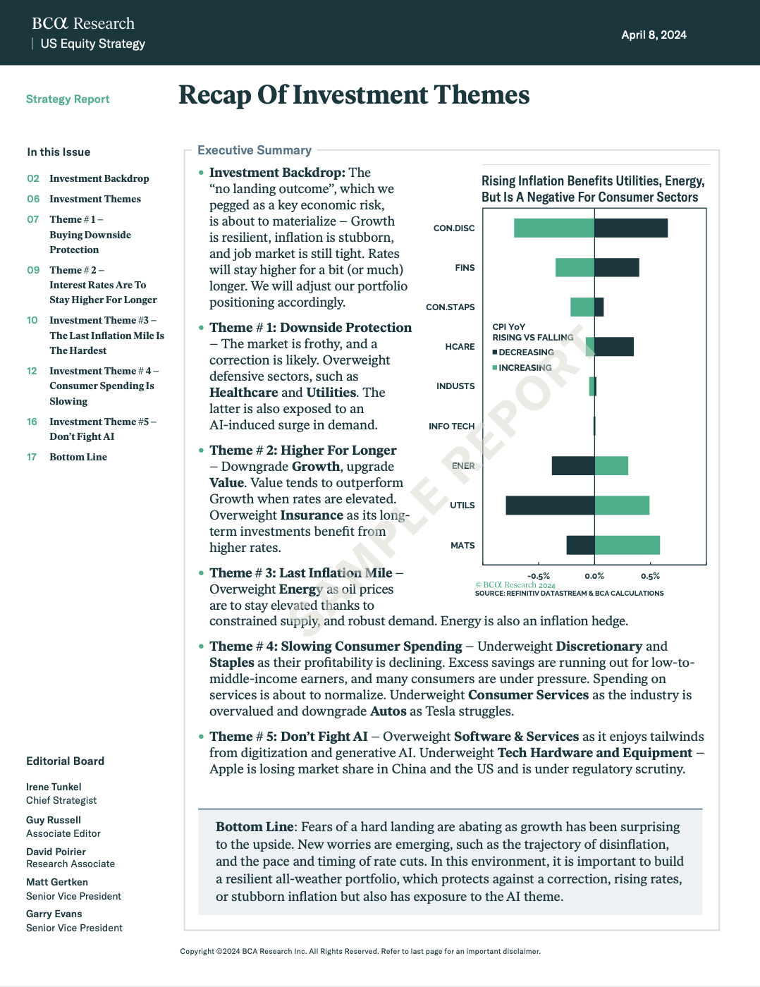 BCA report “Recap Of Investment Themes,” with five equity themes and a chart on sector impact from rising inflation.