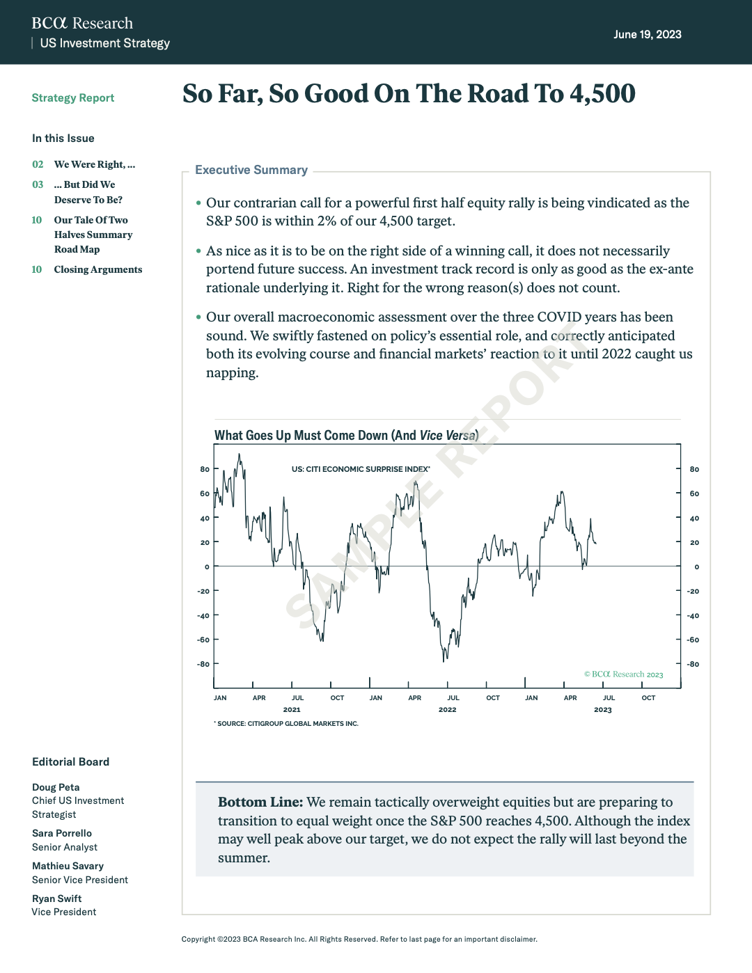 BCA US Strategy report “So Far, So Good,” highlighting the S&P 500 rally and Citi Economic Surprise Index trends.