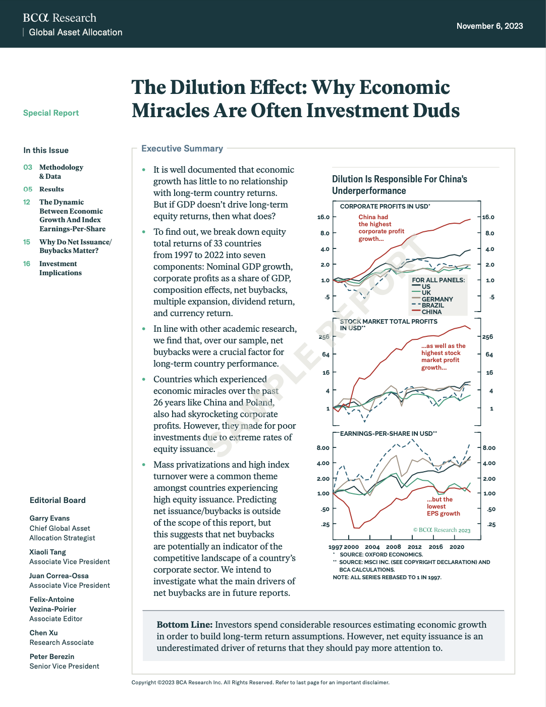 Cover of BCA’s Nov 2023 report on equity returns, net buybacks, and global corporate profits vs. earnings.
