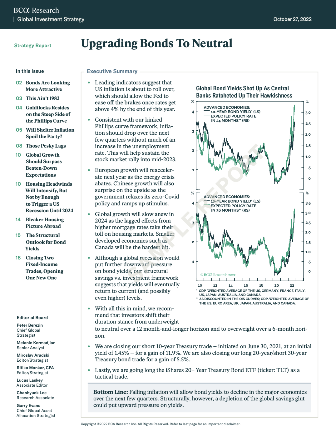 BCA report “Upgrading Bonds To Neutral,” with inflation and growth analysis plus bond yields vs. policy rate chart.
